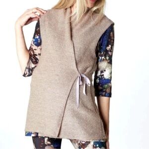 Bryn Walker Sleeveless Wrap Vest Tan/Gray Wool Blend Tie Front USA Made Size S